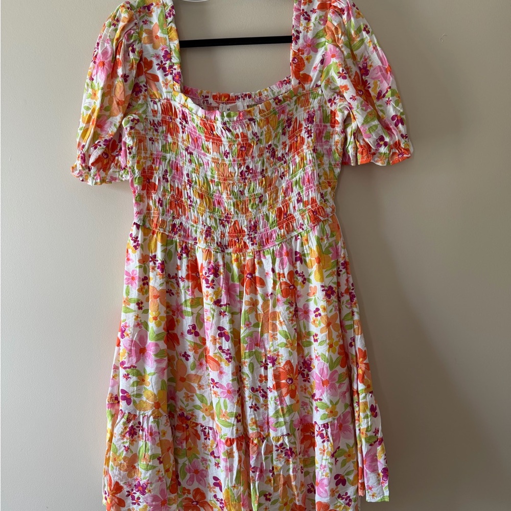 MINE Floral Smocked Sundress — Pink, Orange, Green on White
